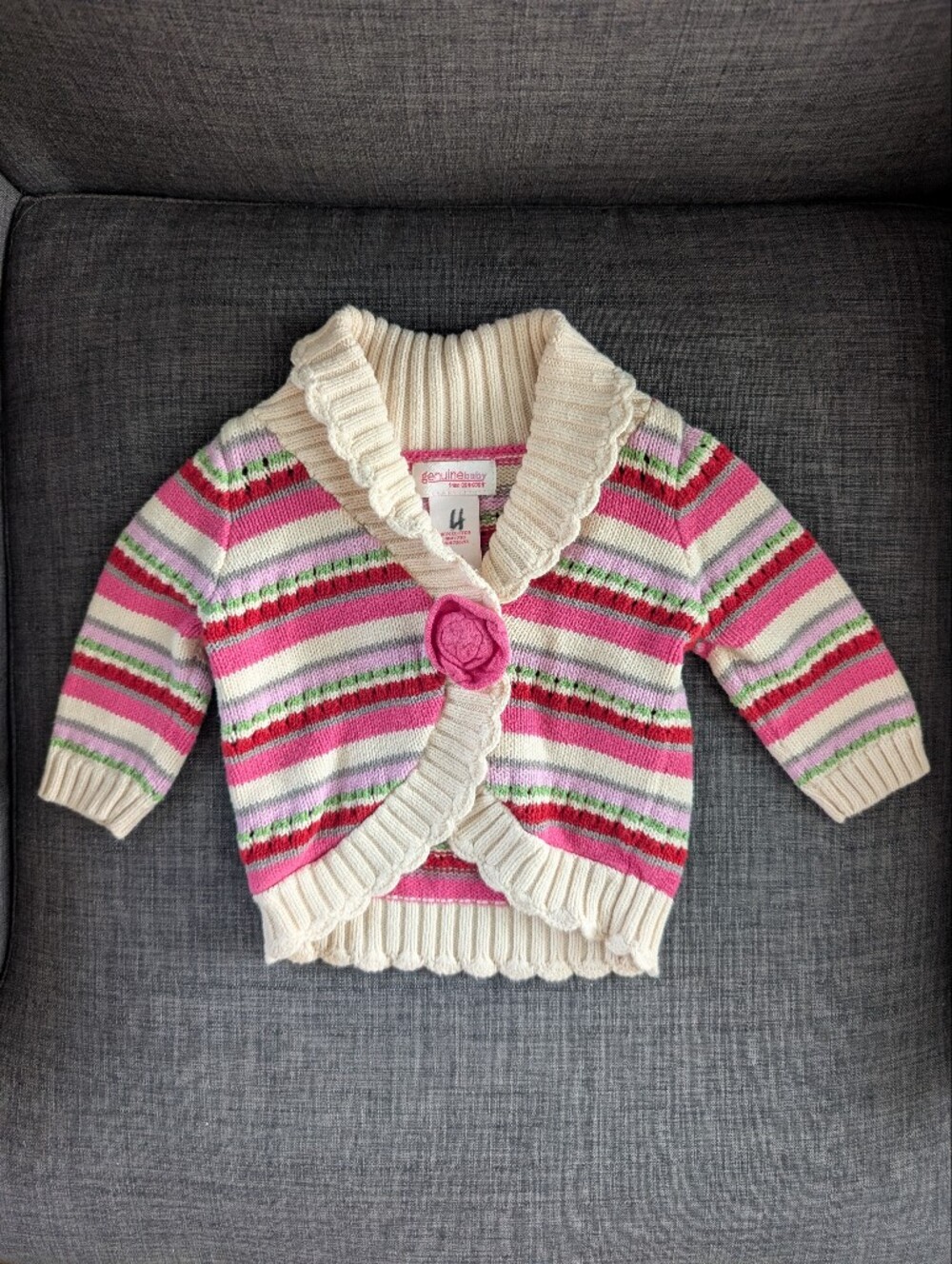 Genuine Baby From Oshkosh Size 6 Month Striped Pink & Cream Knit Cardigan